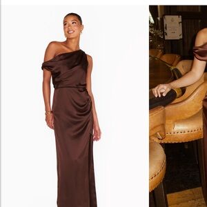 Show Me Your MuMu One-Shoulder Satin Gown in Chocolate Brown